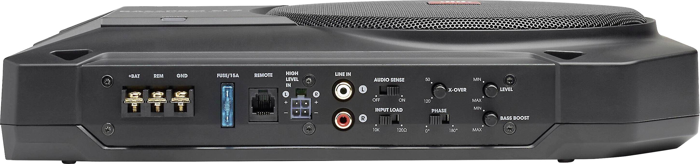 Rückansicht eines schwarzen Auto-Verstärkers mit verschiedenen Anschlüssen für Lautsprecher, Strom, Signal- und Audiokabel.