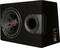 Schwarzer JBL Subwoofer mit rundem Lautsprechergitter und Bassreflexrohr. Rechteckiges Design, geeignet für Audioanwendungen.