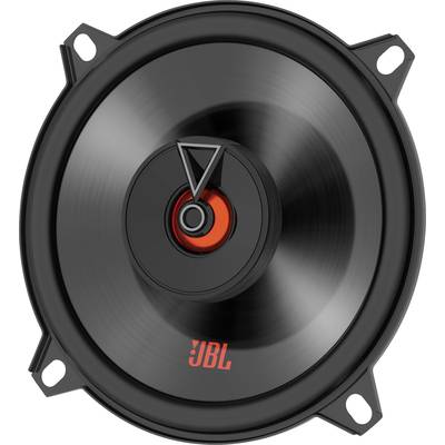 Schwarzer Lautsprecher mit zentralem roten Element und JBL-Logo unten. Runder Rahmen mit vier Befestigungspunkten.
