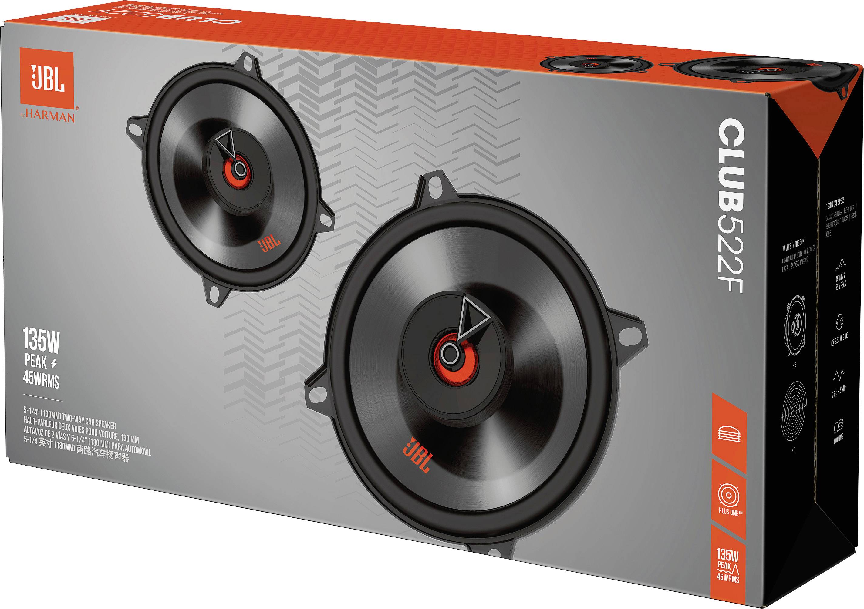 'Club 522F Auto-Lautsprecher Verpackung mit rot-schwarzem Design. Text: 135W Peak Leistung, 45W RMS. Zwei Lautsprecher abgebildet.'