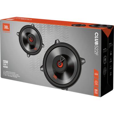 'Club 522F Auto-Lautsprecher Verpackung mit rot-schwarzem Design. Text: 135W Peak Leistung, 45W RMS. Zwei Lautsprecher abgebildet.'