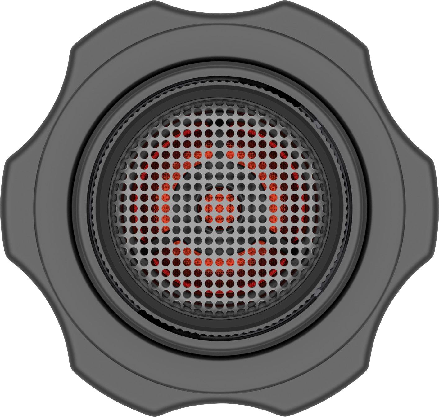 Ein kreisförmiges, schwarz-rotes Designelement mit konzentrischen Kreisen und einem zentralen Punkt, ähnlich einem Zielscheibenmuster.