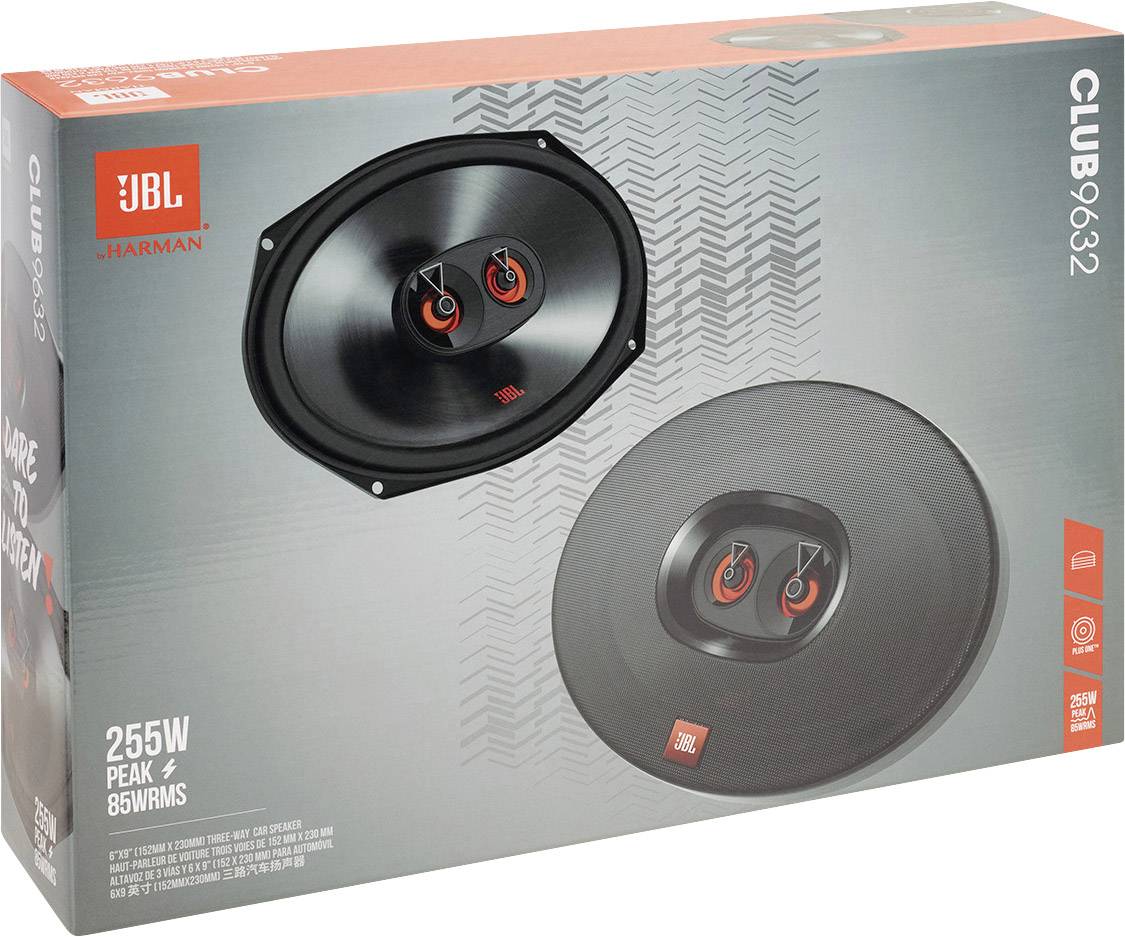 Die Verpackung zeigt ein Paar JBL-Autolautsprecher, Modell CLUB9632, mit einer Leistung von 255W Peak und 85W RMS, für kraftvollen Klang.