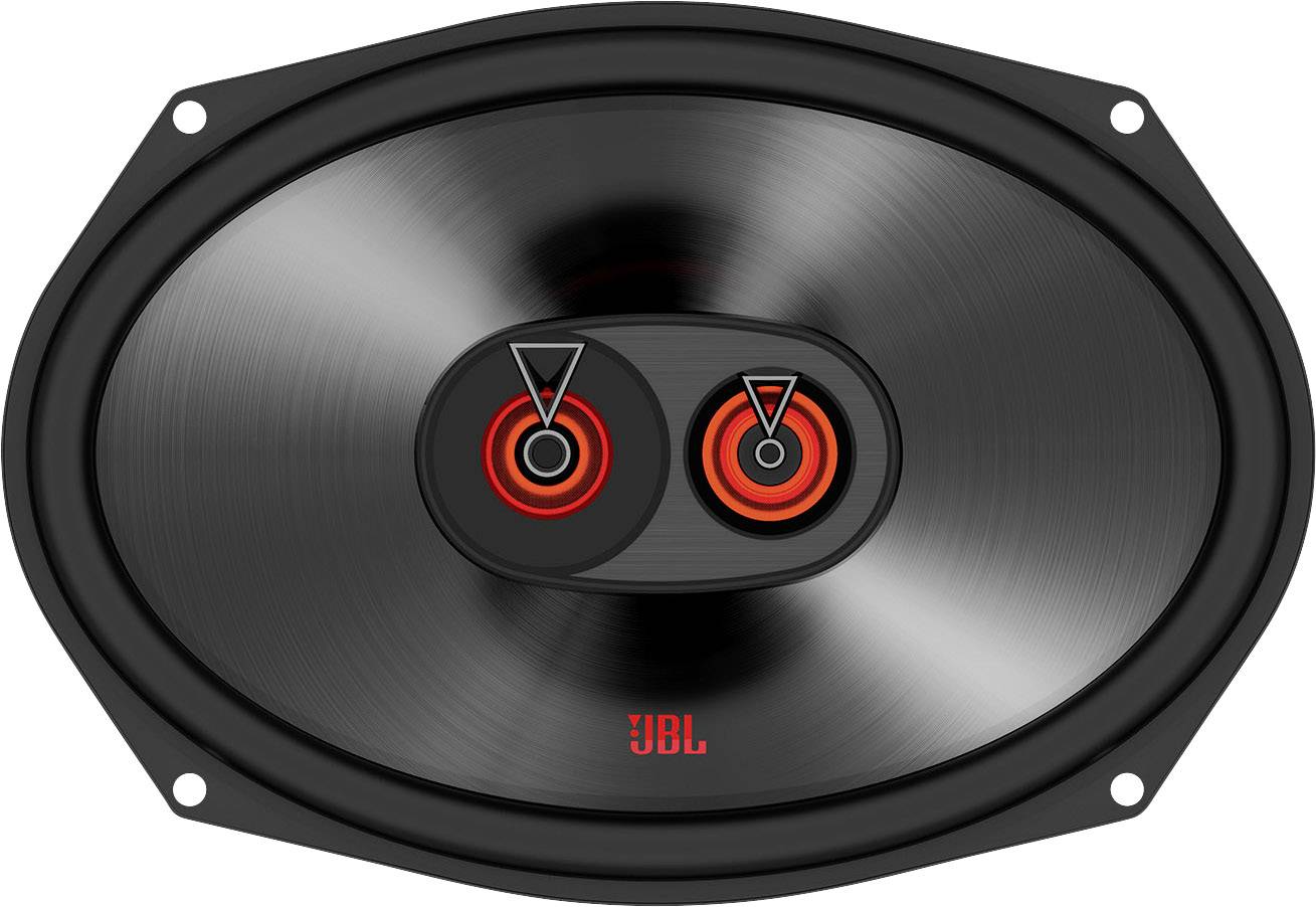 Lautsprecher mit schwarzem, ovalem Design und rotem JBL-Logo in der Mitte.