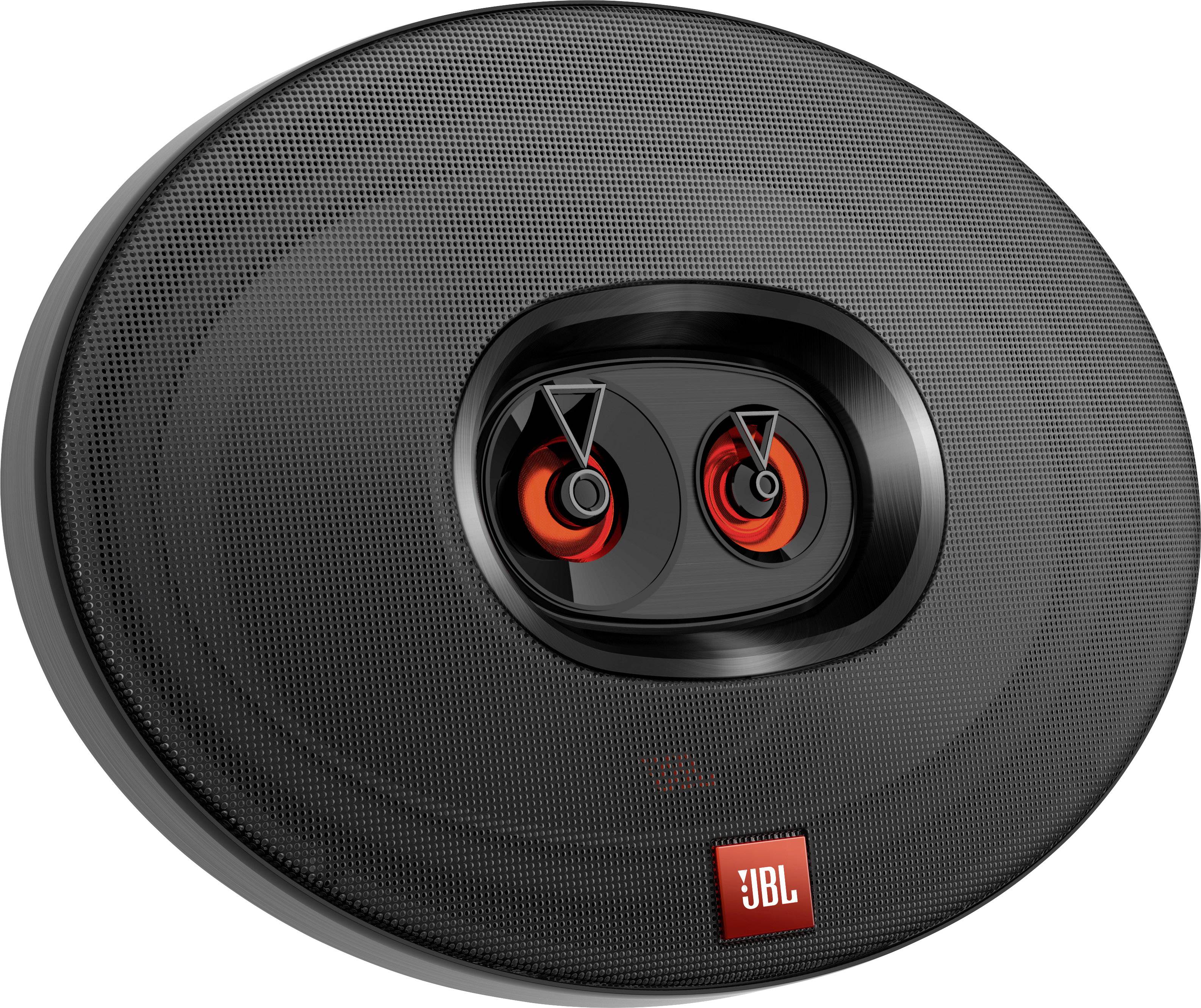 Ovale, schwarze JBL-Lautsprecher mit zwei orangefarbenen Konuslautsprechern in der Mitte.