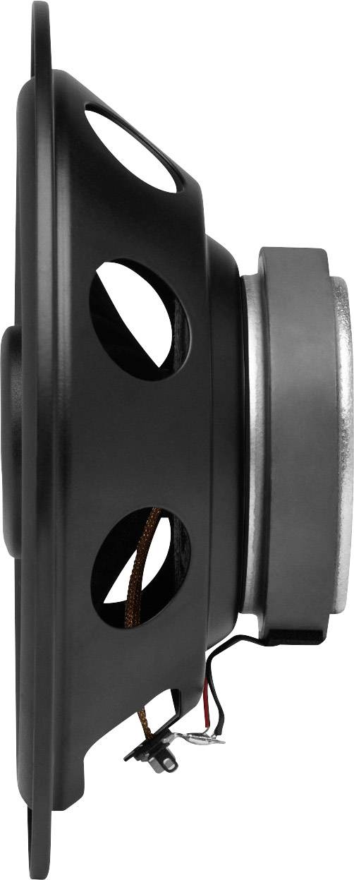 Lautsprecher in Seitenansicht mit schwarzem Gehäuse und Kabelverbindungen.