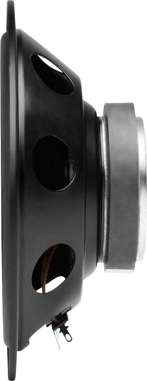 Lautsprecher von der Seite mit runden Öffnungen im Gehäuse, zeigt technische Details wie Magnet und Anschlüsse.