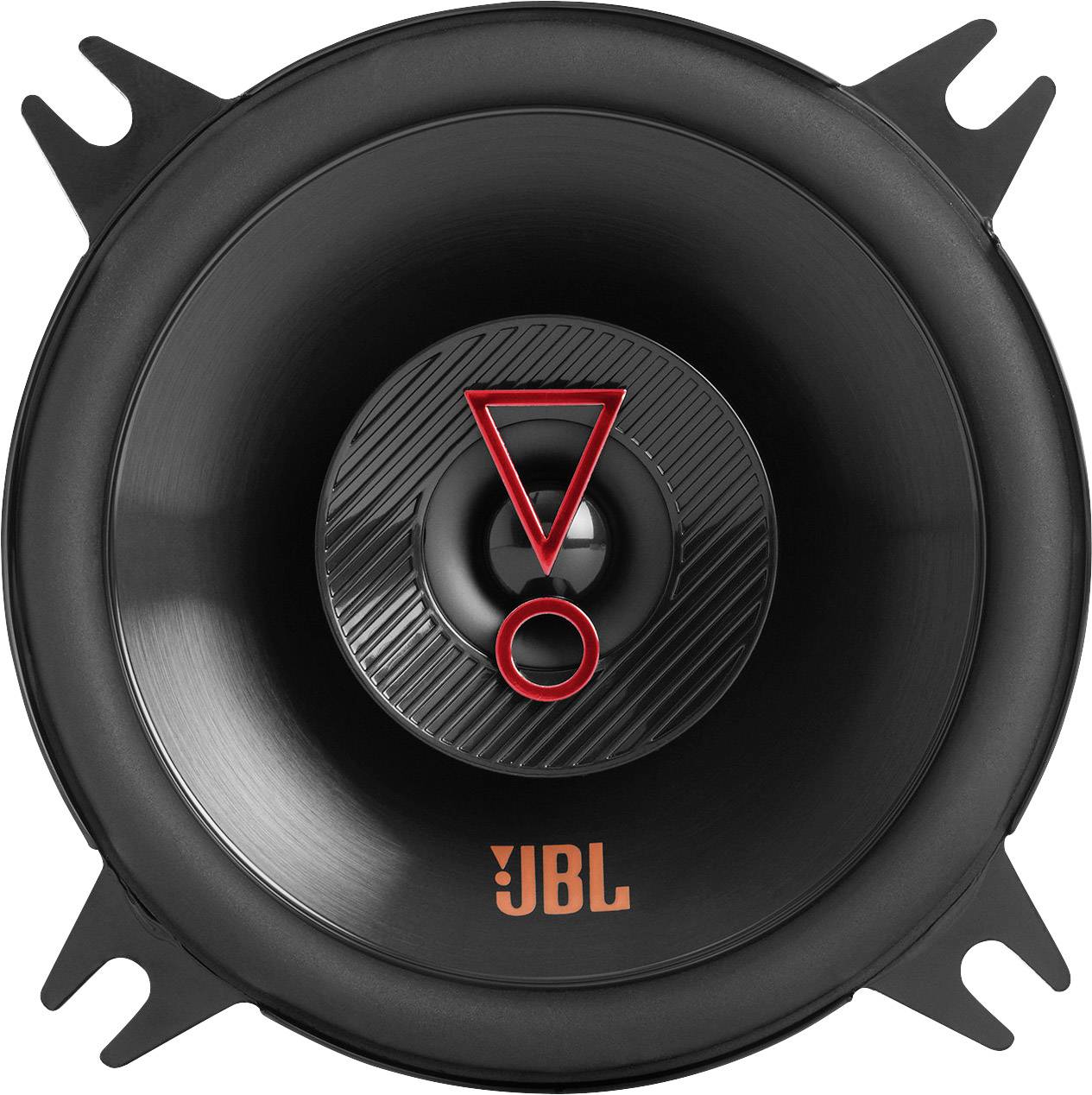 Rundes Lautsprecherelement mit JBL-Logo in der Mitte. Der Lautsprecher hat vier Montagepunkte und eine glatte, schwarze Oberfläche.