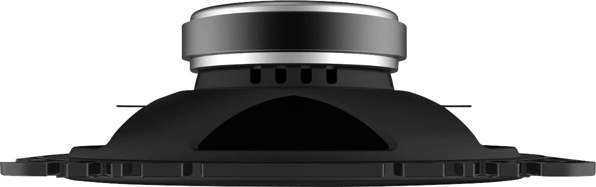 Seitenansicht eines Lautsprechers mit schwarzem Gehäuse und silberner Abdeckung im oberen Bereich, Fokus auf die Struktur.