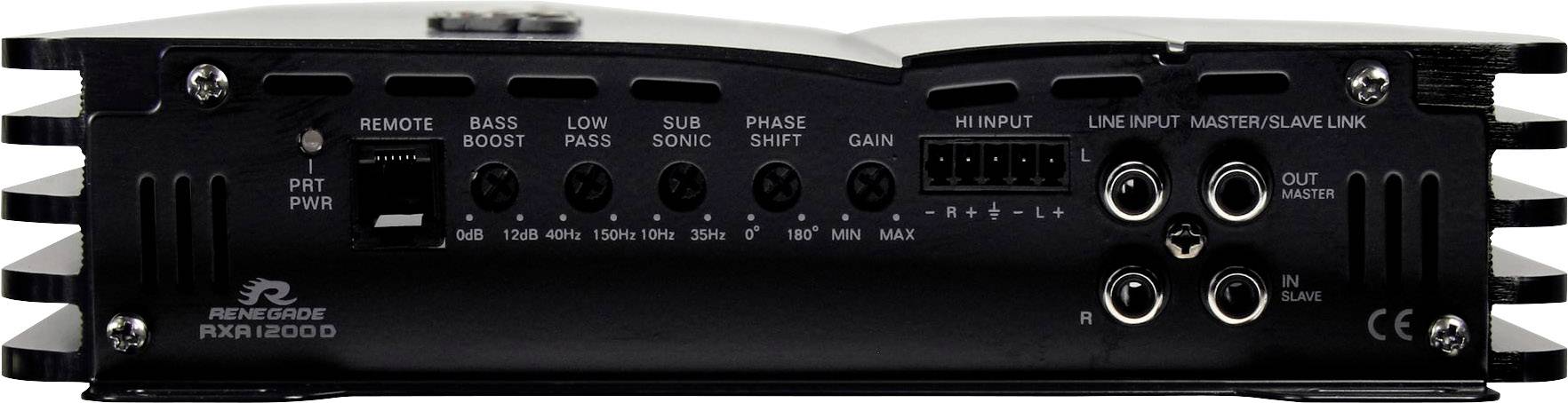 Das Bild zeigt die Rückseite eines schwarzen Verstärkers mit Anschlüssen und Reglern für Lautstärke, Bassverstärkung und Eingänge.