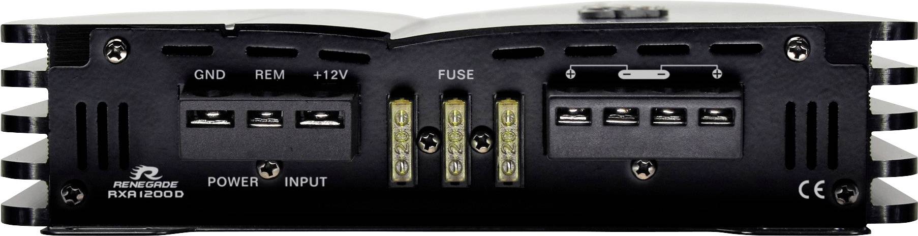 Abbildung eines Verstärkers mit Anschlüssen für Strom (GND, REM, +12V) und Lautsprecher. Drei Sicherungen sind sichtbar rechts.