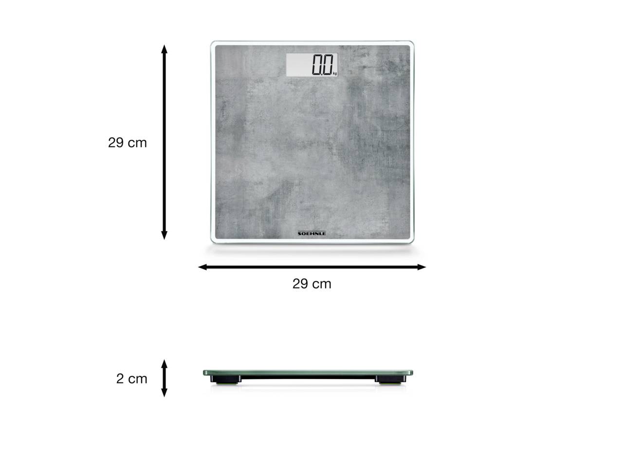 Elektronische Badezimmerwaage in Grau, quadratische Form. Abmessungen: 29 cm x 29 cm, Höhe 2 cm. Digitalanzeige auf der Oberseite.