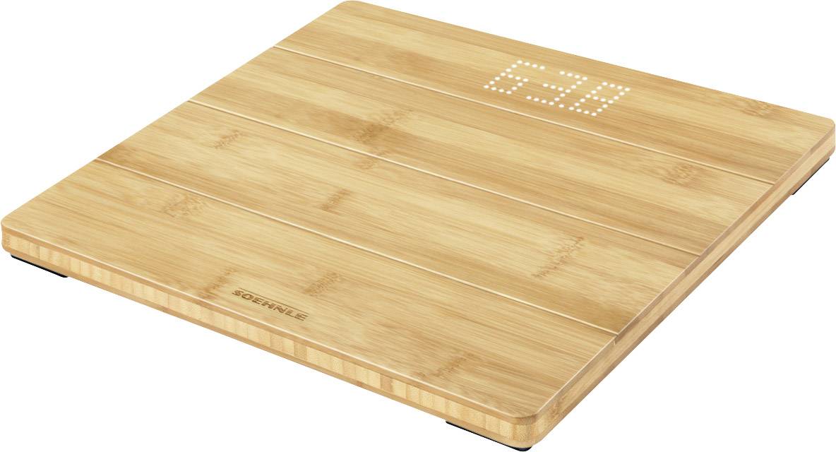 Digitale Personenwaage aus Holz mit LEDs, die '0.0' anzeigen.