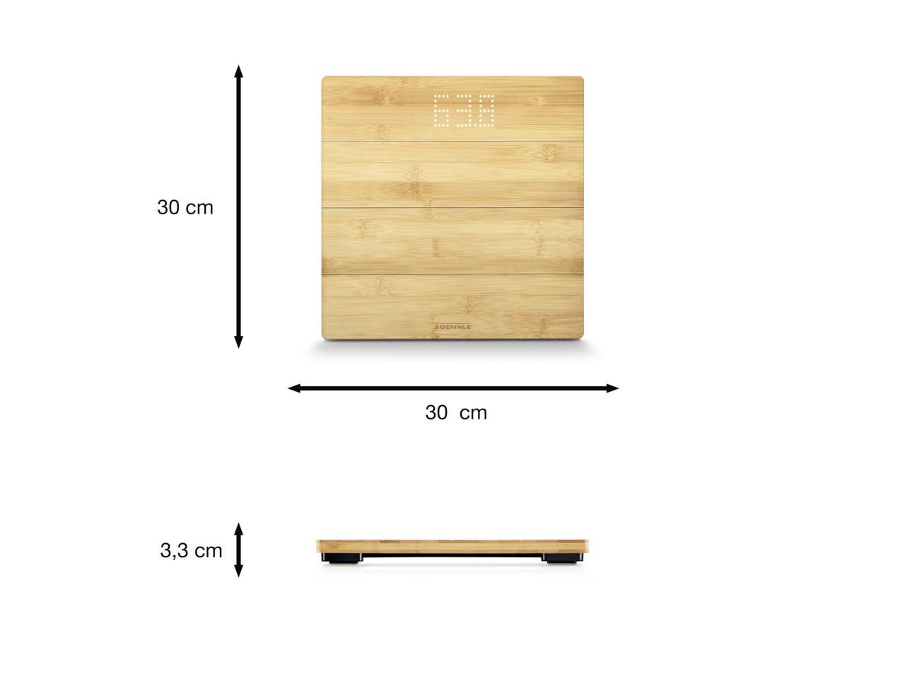 Digitale Waage aus Holz, quadratisch mit Maßen 30 cm x 30 cm x 3,3 cm. Zeigt Gewicht in numerischer Anzeige oben.