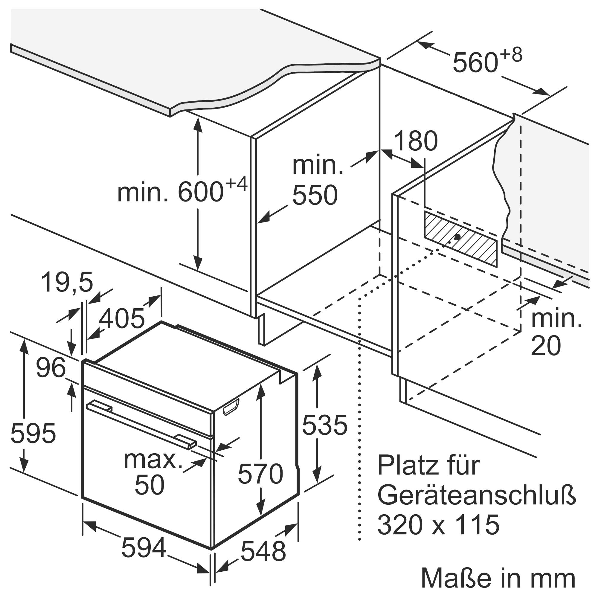Zeichnung eines Küchenschranks mit technischen Maßen. Zeigt Platz für Geräteanschluss: 320 x 115 mm. Maße in Millimetern angegeben.