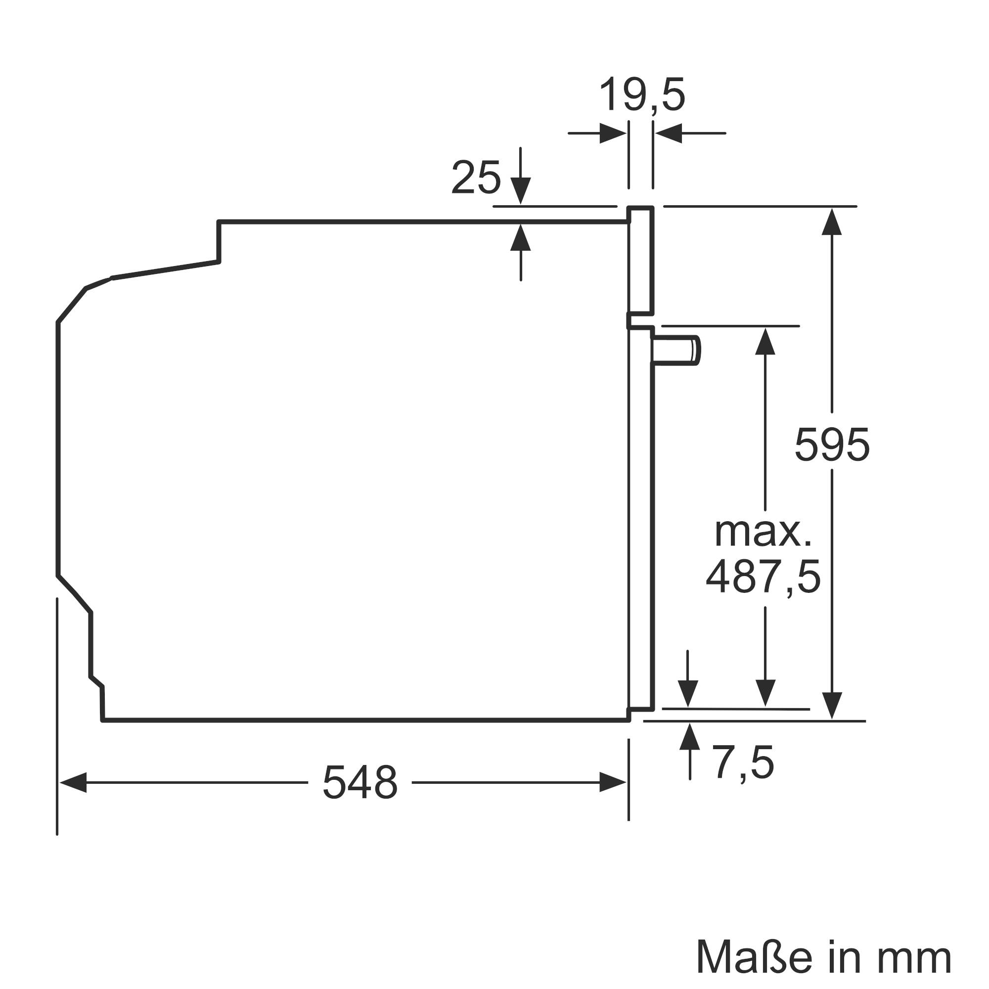 Seitenansicht eines technischen Geräts mit Abmessungen: Breite 548 mm, Höhe 595 mm, Tiefe 19,5 mm. Maximale Höhe innen 487,5 mm.