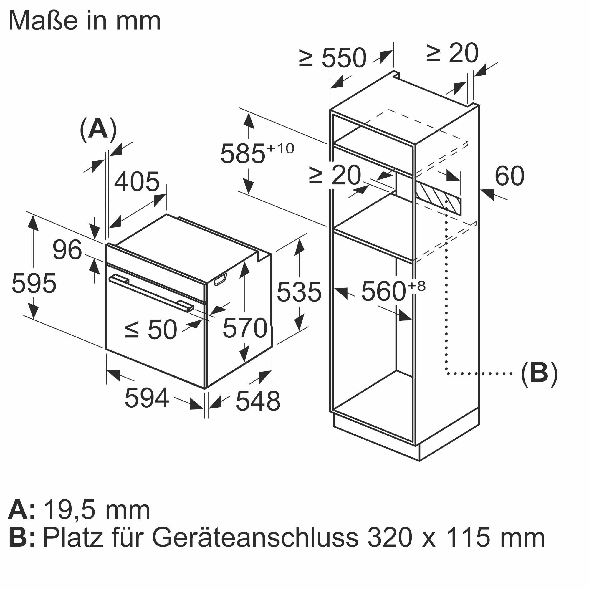 'Küchenschrank-Design in mm. Links: Breite 594, Höhe 596. Rechts: Höhe ≥ 550, Breite 594. Text: A: 19,5 mm, B: Platz für Geräteanschluss 320 x 115 mm.'