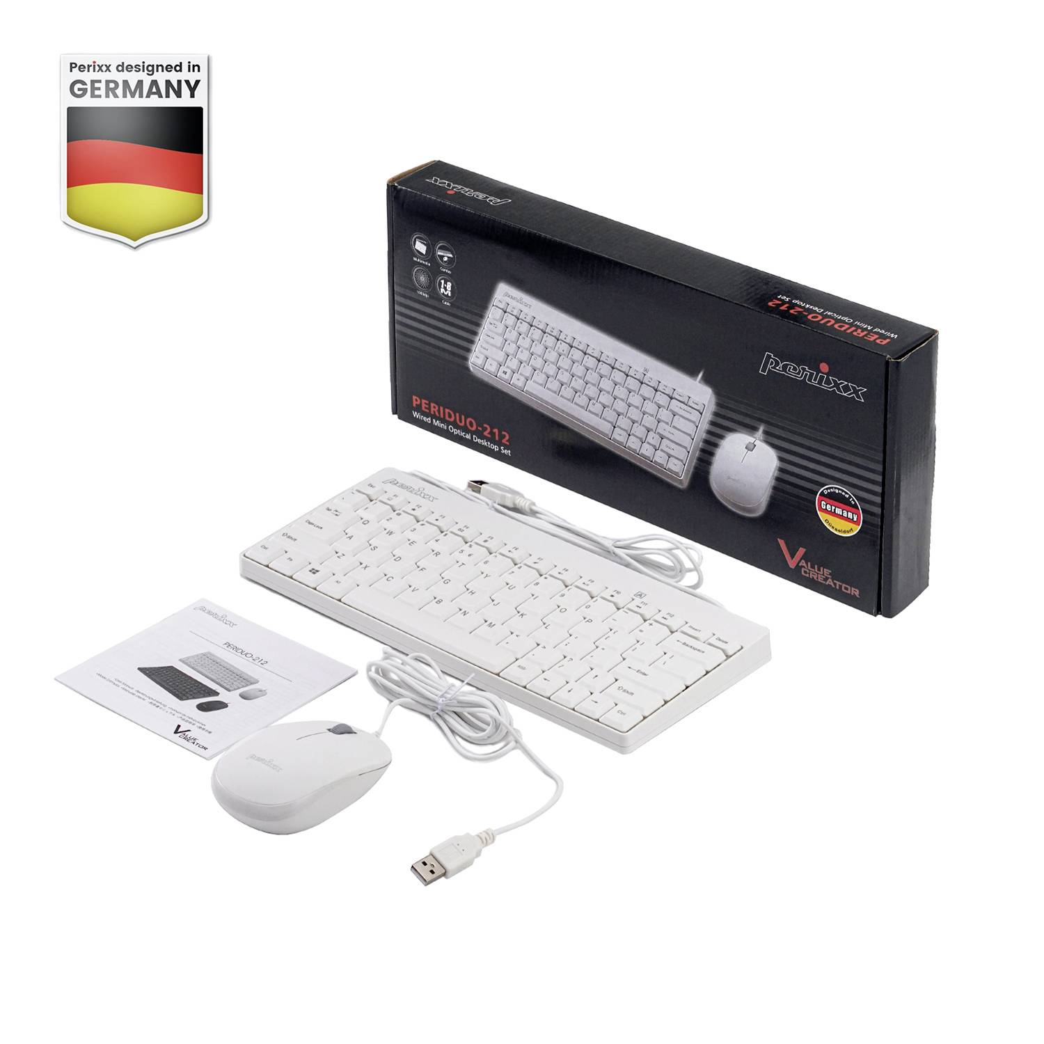 Weiße kabelgebundene Tastatur und Maus-Set neben Verpackung und Anleitung, mit Label 'Designed in Germany' und deutscher Flagge.