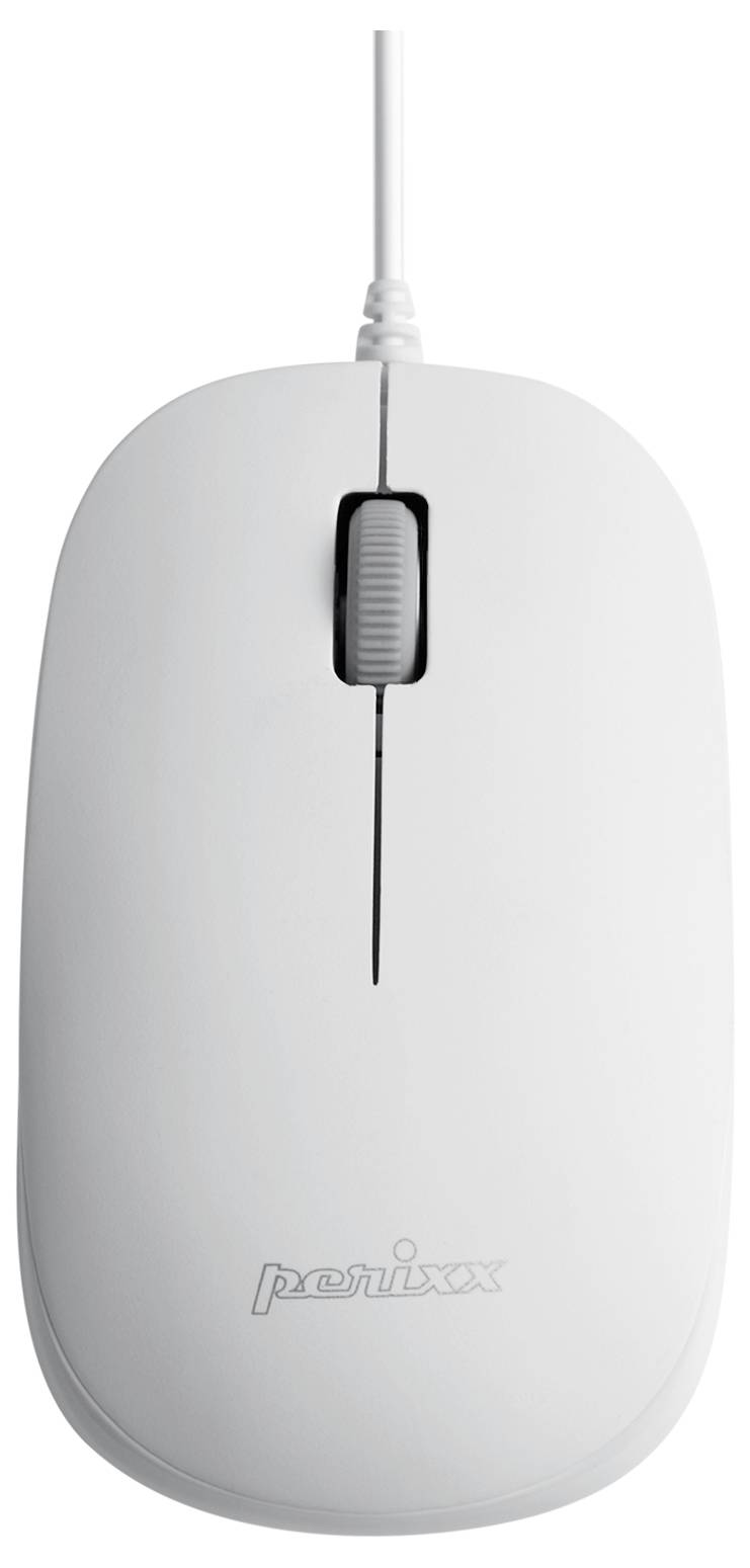 Eine weiße Computermaus mit zwei Tasten und einem Scrollrad, Kabel angeschlossen, auf einer ebenen Oberfläche liegend.