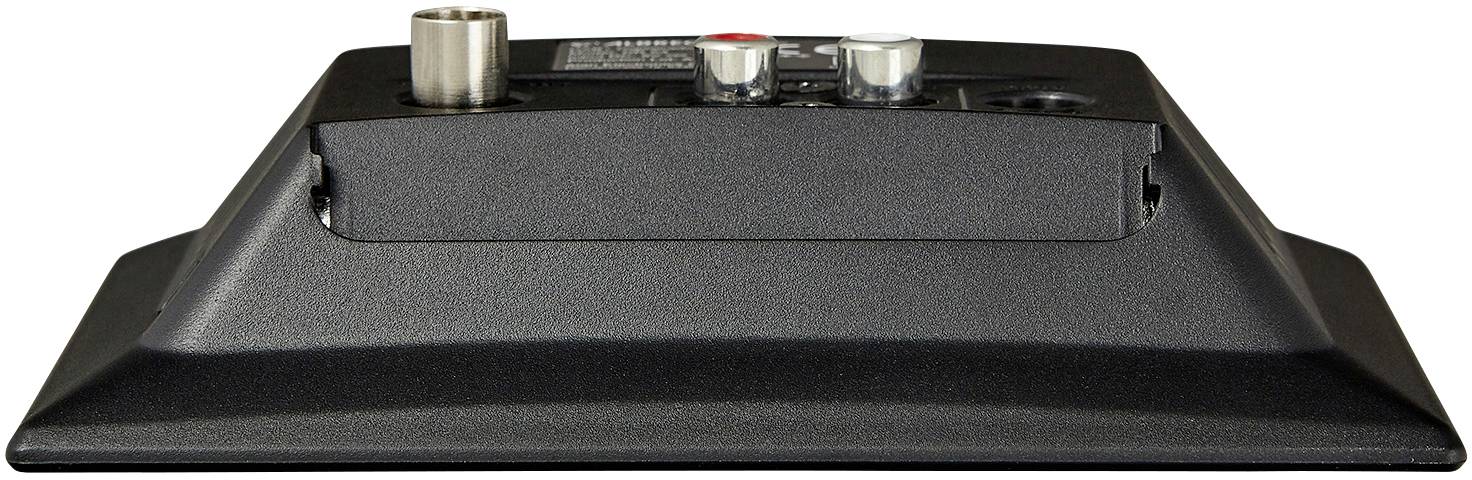 Rückseite eines elektronischen Geräts mit Anschlüssen für Audio und Video. Zwei Cinch-Buchsen sind sichtbar, eine rot, eine weiß.