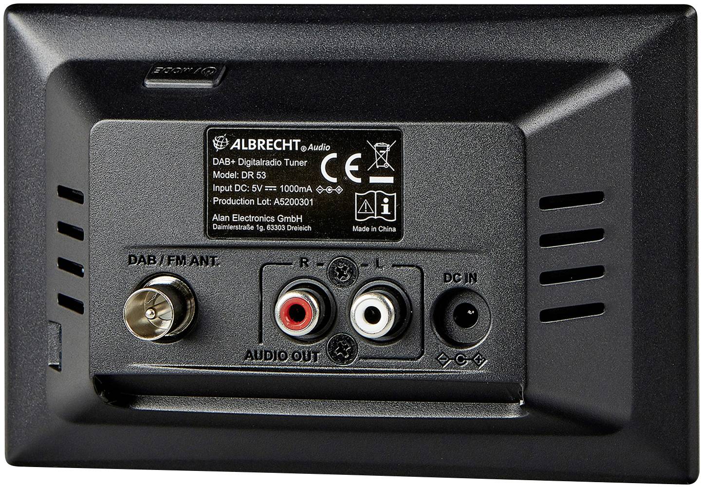Rückseite eines Digitaltuners mit Anschlüssen für DAB/FM-Antenne, Audioausgang (L/R) und DC-Eingang. Modell: DR 53 von Albrecht Audio.