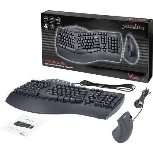 Thumbnail - Perixx PERIDUO-512 DE B Kabelgebunden Tastatur, Maus-Set Ergonomisch Deutsch, QWERTZ Schwarz