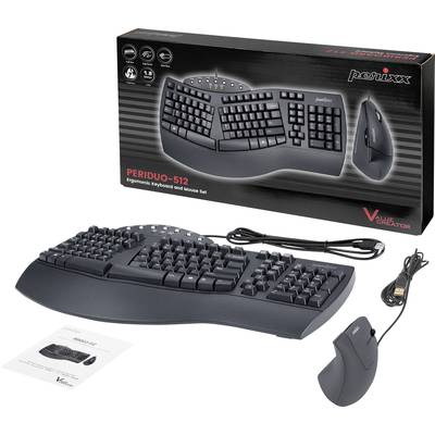Ergonomisches Tastatur- und Maus-Set in Schwarz. Verpackung zeigt Markennamen 'perixx'. Enthält Tastatur, Maus, USB-Kabel, Anleitung.