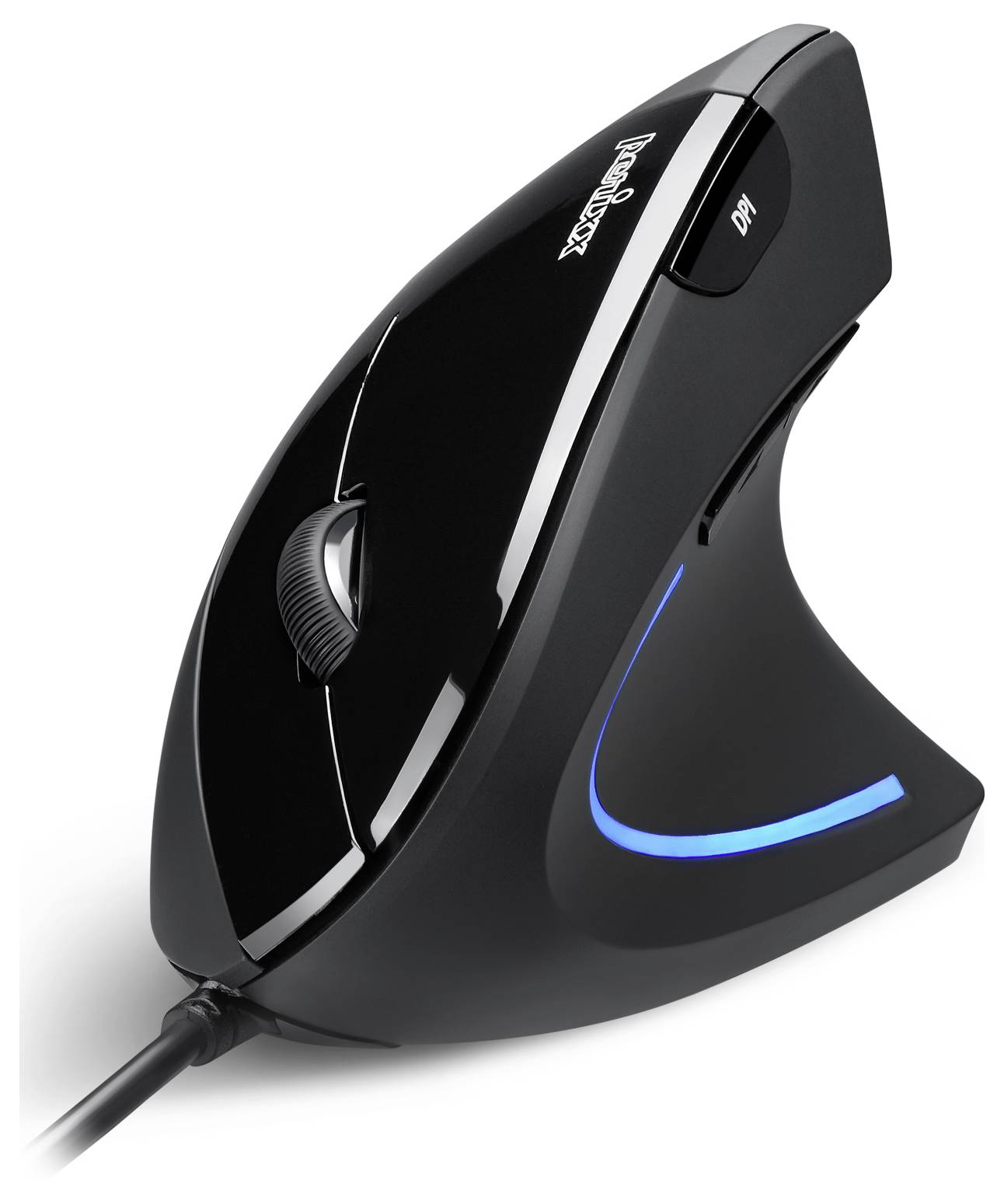 Schwarze ergonomische Computermaus mit vertikalem Design und blauer LED-Lichtakzent. Geeignet für komfortableres Navigieren.