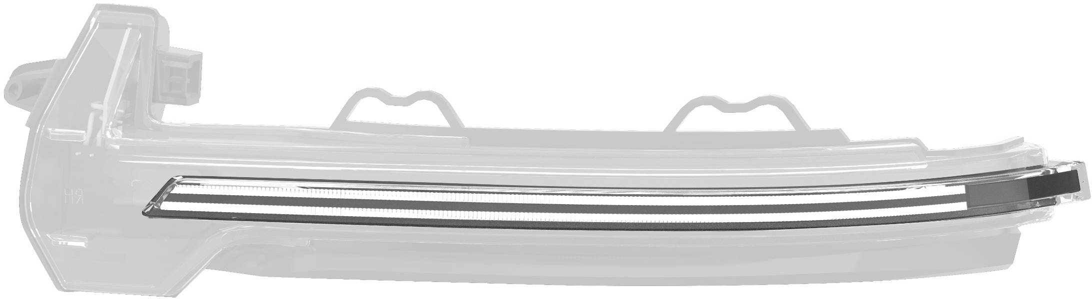 Ein transparentes, längliches Autoteil in einem modernen Design mit klaren Linien und Kurven, möglicherweise ein Scheinwerfer oder Blinker.