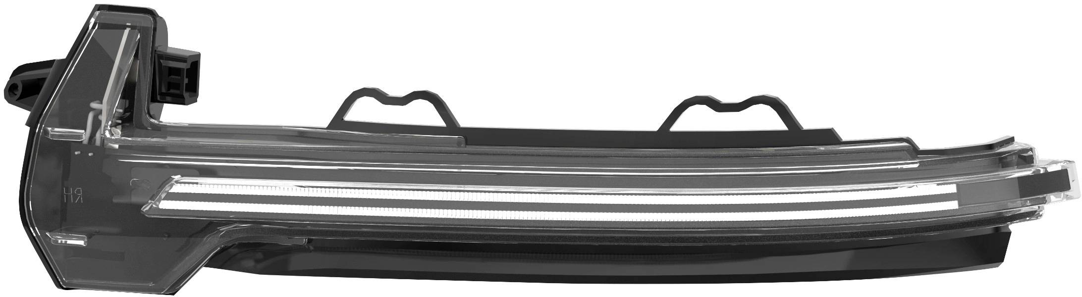 Schlankes, gebogenes LED-Lichtmodul in Seitenansicht, mit transparenter Abdeckung und integrierten Befestigungsclips.