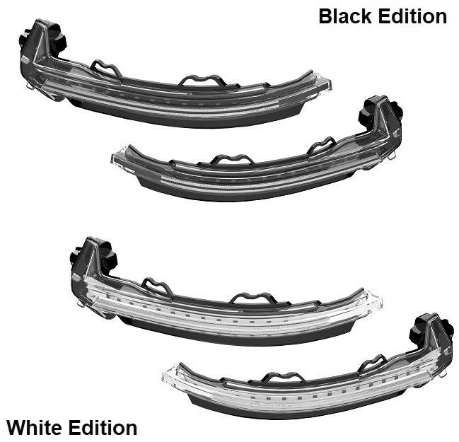 Zwei Paar Autoteile für Blinker: 'Black Edition' und 'White Edition'. Oben schwarze, unten weiße Ausführung.