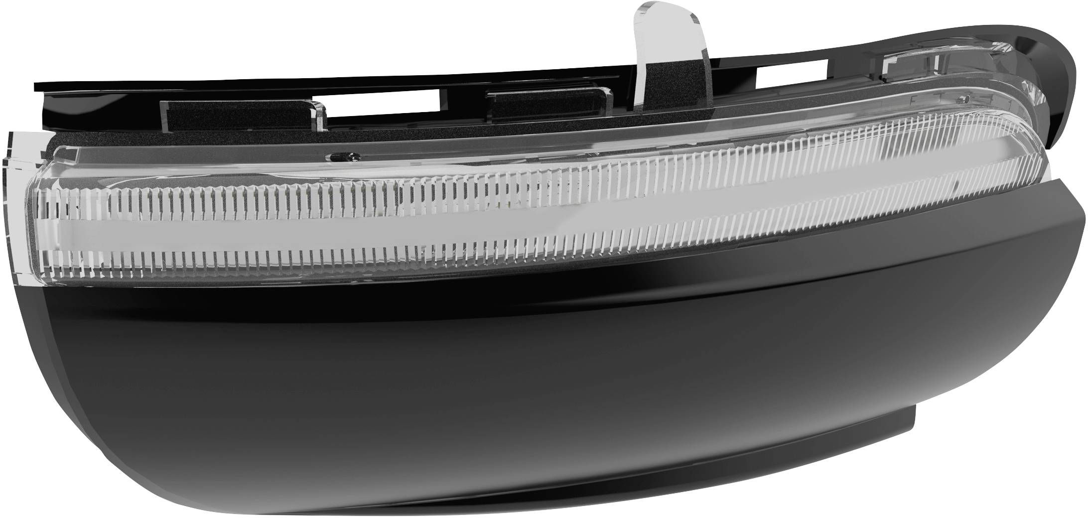 Schwarzes und transparentes LED-Rücklicht eines Fahrzeugs, seitlich abgebildet.