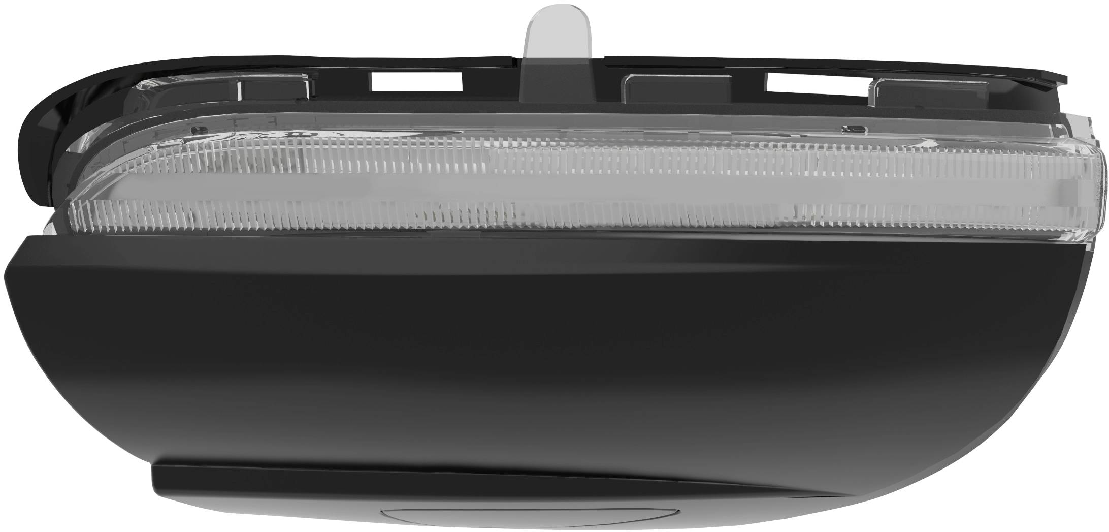 Das Bild zeigt eine schwarze, rechteckige Autoteil-Lampe mit einem klaren Kunststoffgehäuse oben, vermutlich ein Rücklicht oder Blinker.