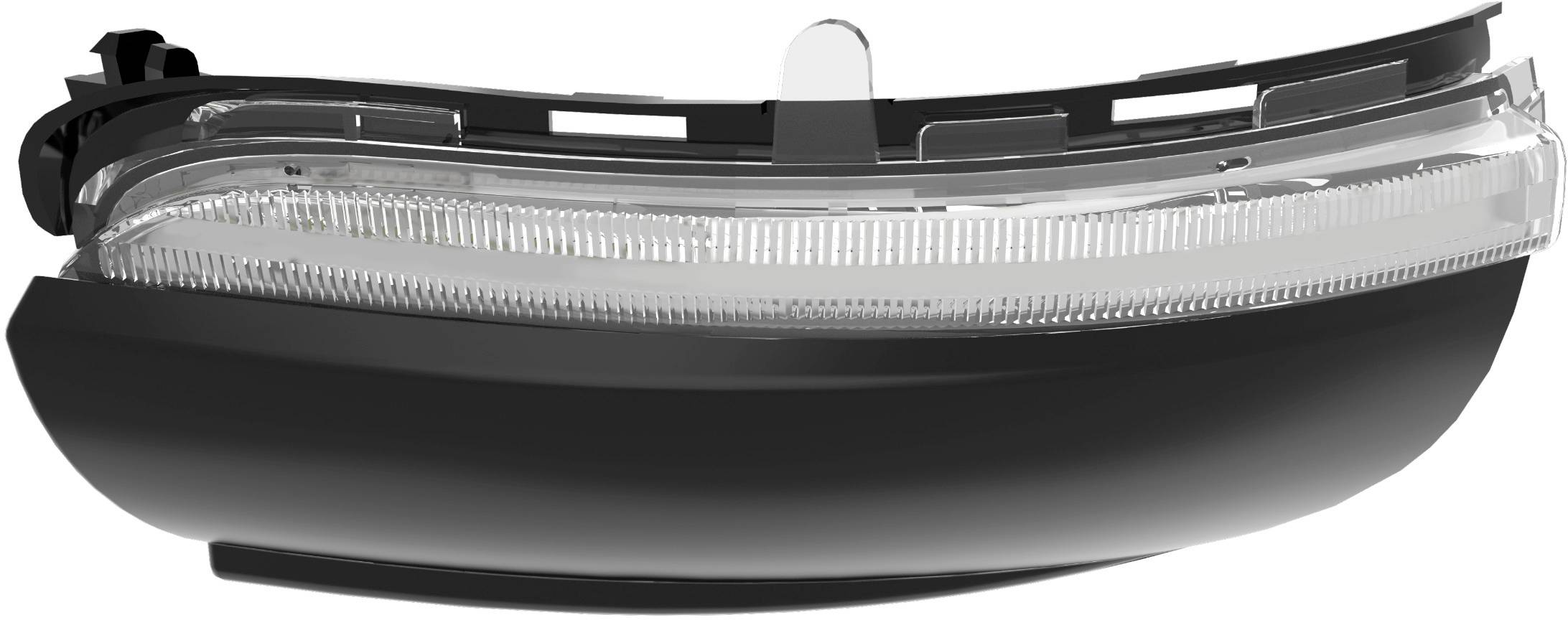 Ein Auto-Seitenspiegel-Blinker in Schwarz und Transparent, mit gebogenem Design und klaren Linien.