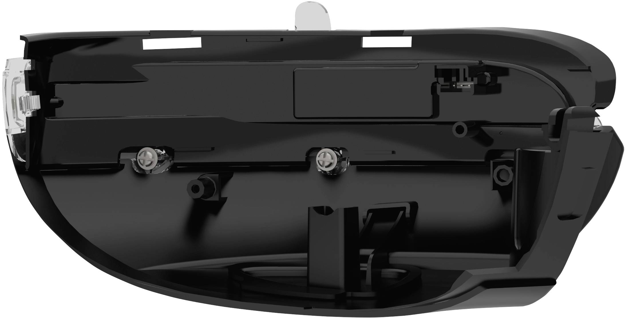 Schwarzes Kunststoffteil mit strukturierten Elementen und Montagepunkten, vermutlich Rückansicht eines Fahrzeugseitenspiegels.