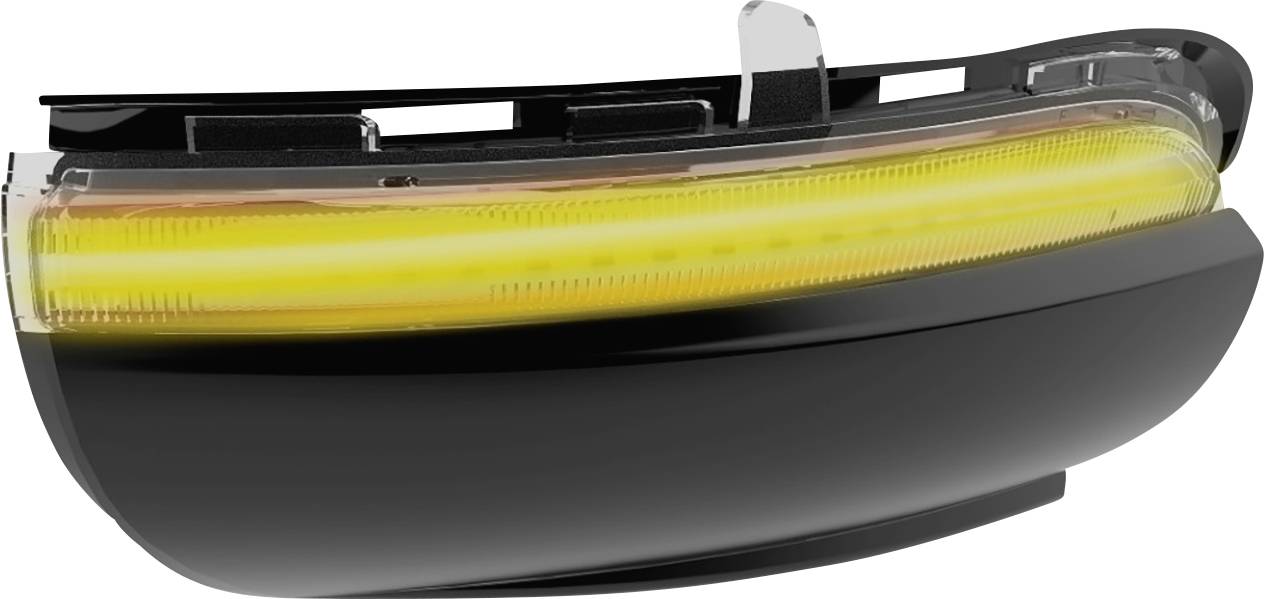 Schwarzer LED-Blinker mit gelber Leuchtfläche, geeignet für Fahrzeuge, zeigt modernes Design.