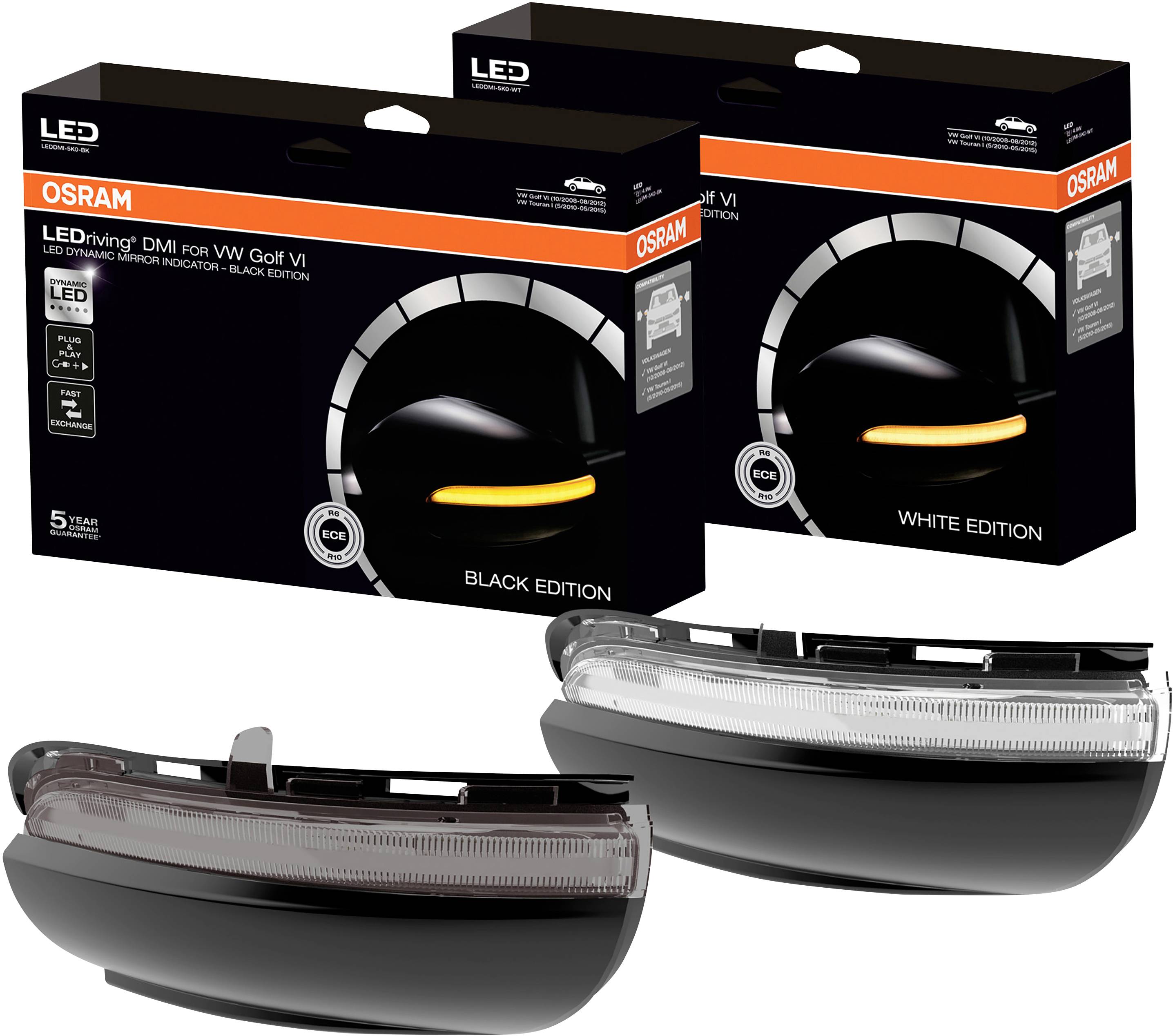 Zwei LED-Rückleuchtenkartons von OSRAM, Modelle 'Black Edition' und 'White Edition', sowie die entsprechenden Leuchten selbst.