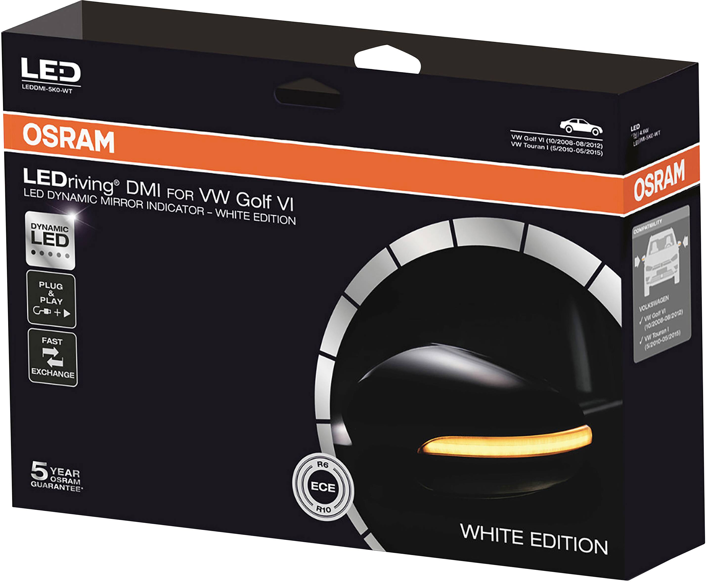 'Osram LED-Spiegelanzeige für VW Golf VI, weiße Version. Verpackung zeigt Produktbild: dynamische Blinker, schneller Austausch, 5 Jahre Garantie.'