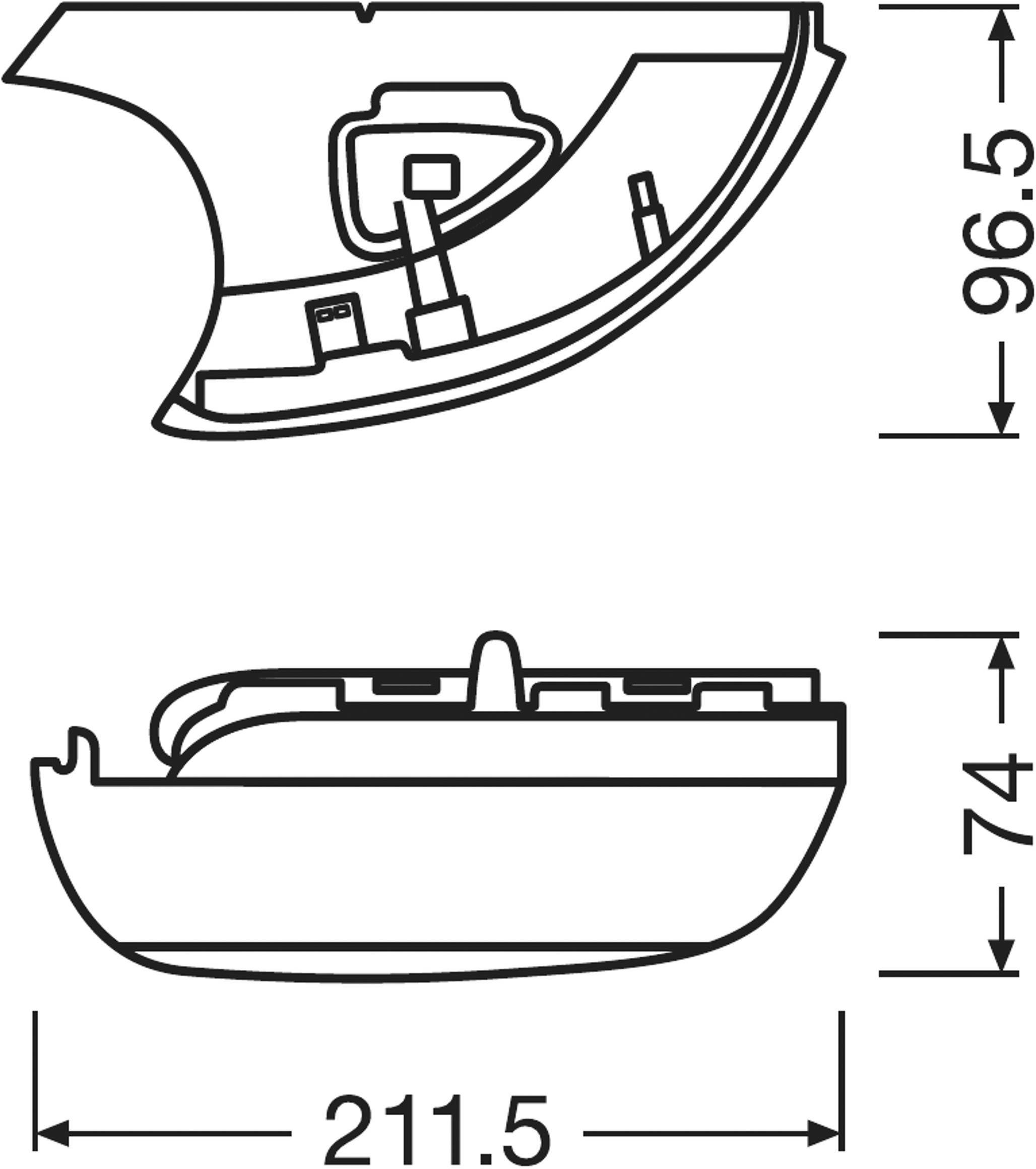 Technische Zeichnung eines Gehäuses mit zwei Ansichten. Zeigt detaillierte Maße: Breite 211,5 mm, Höhe 74 mm, Tiefe 96,5 mm.