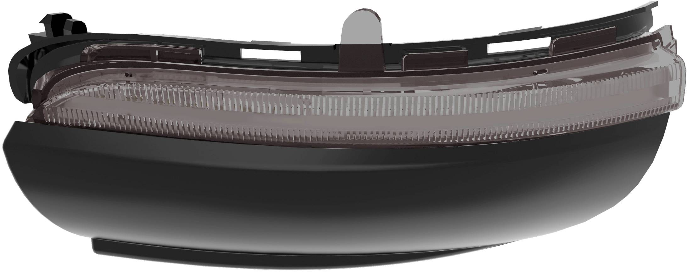 Schwarzes Rücklicht eines Fahrzeugs mit klarer Abdeckung und integrierten LED-Streifen, seitliche Ansicht.