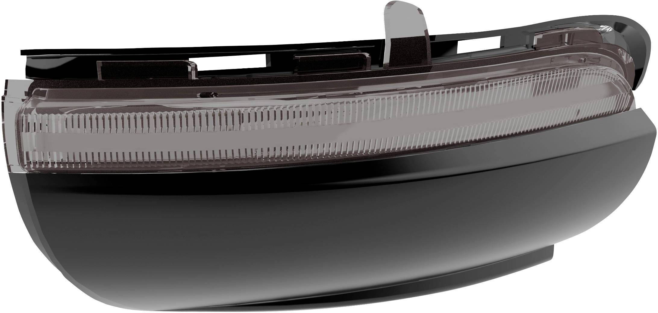 Schwarzer Seitenspiegelblinker eines Fahrzeugs mit transparentem Gehäuse zur Anzeige von Fahrtrichtungsänderungen.