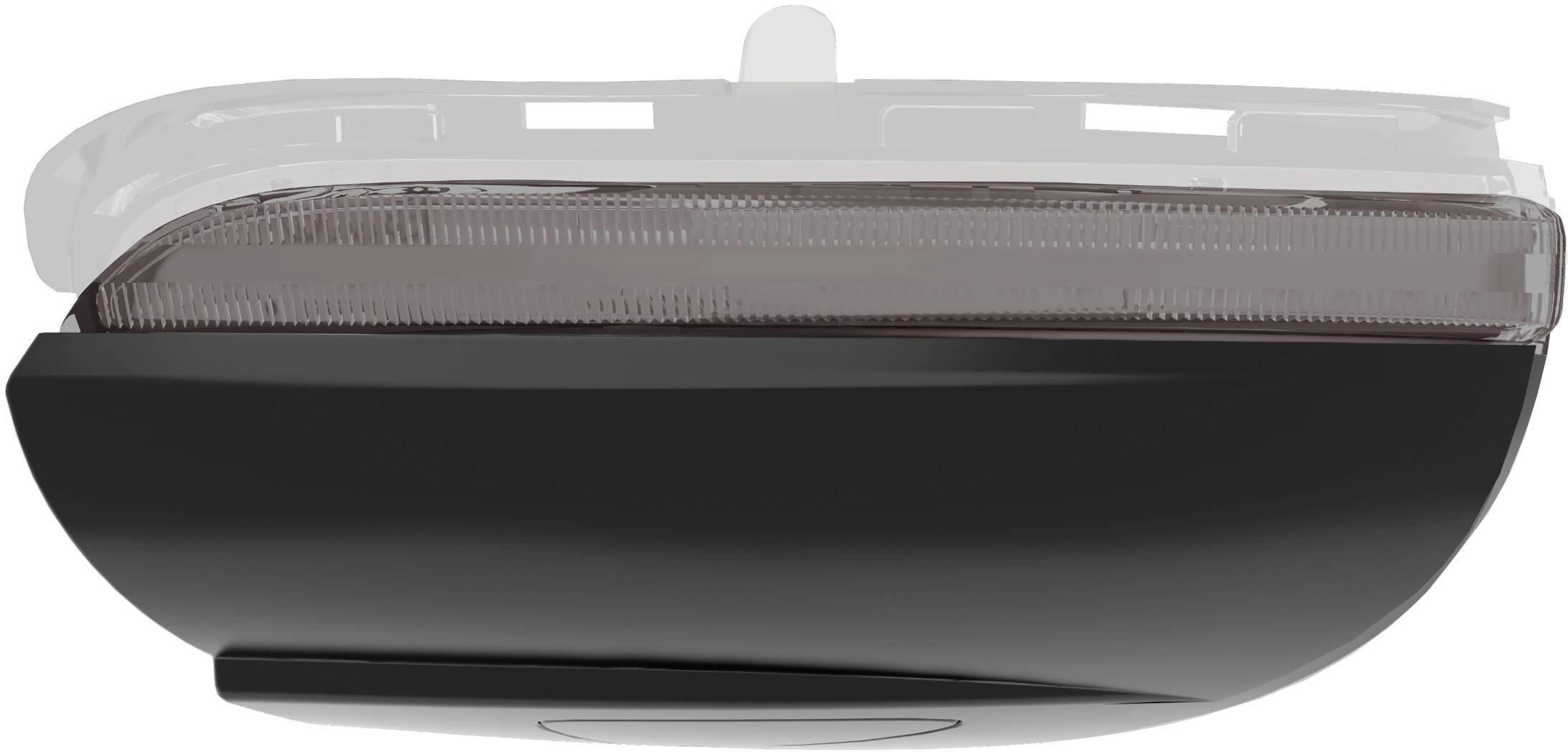 Seitlicher Blick auf eine moderne schwarze Fahrzeug-Heckleuchte mit klaren Linien und transparentem Abdeckglas oben.