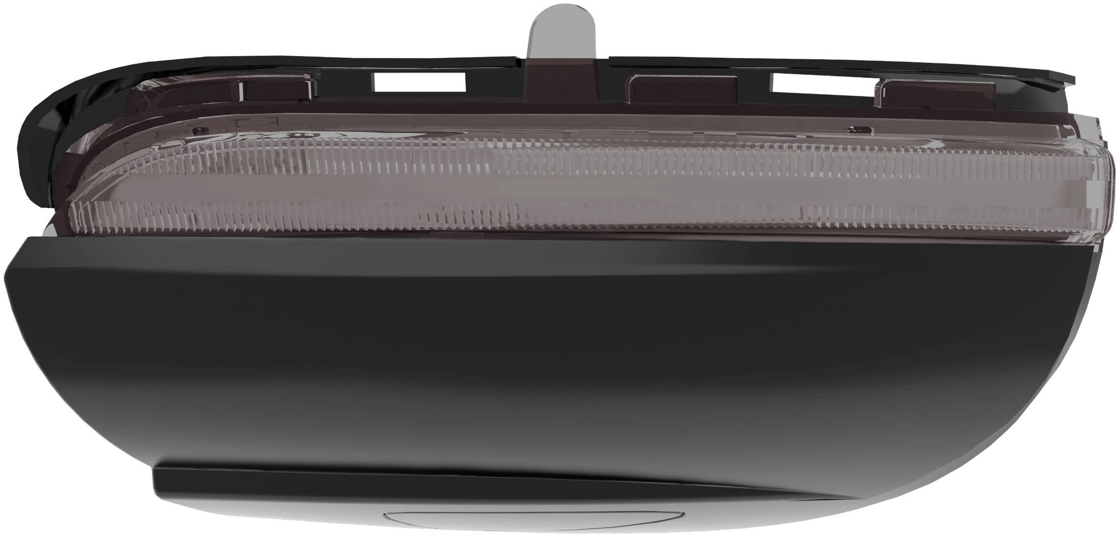 Schwarzes, aerodynamisch geformtes Rücklicht eines Fahrzeugs mit klarer Abdeckung, seitliche Ansicht.