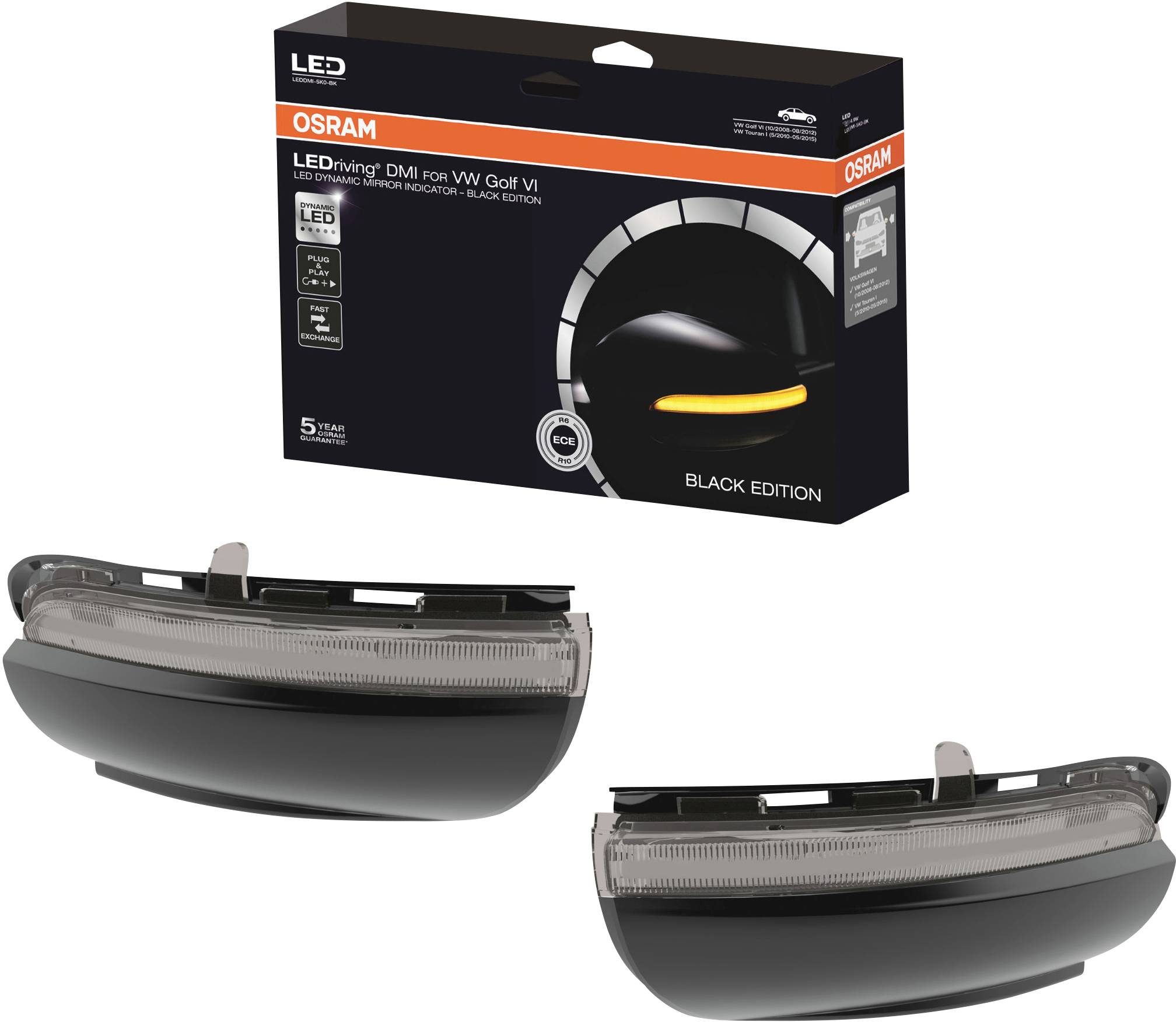 LED-Blinker von Osram für VW Golf VI Black Edition, dargestellt auf der Verpackung und als zwei separate Module.