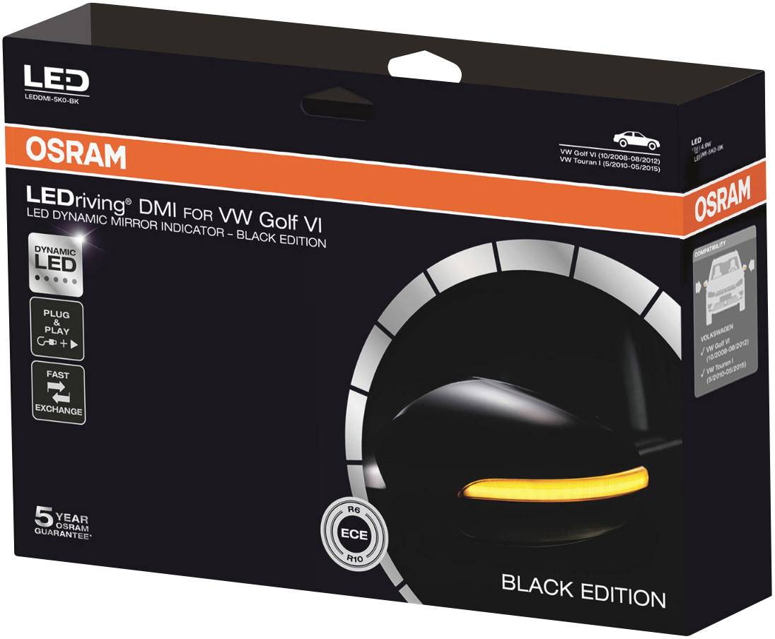 Verpackung von OSRAM LED-Spiegelblinker für VW Golf VI, schwarz, zeigt dynamische LED-Leuchte. Enthält Schnellwechsel- und Plug-&-Play-Hinweise.