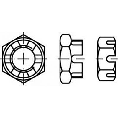 Technische Zeichnung eines sechskantigen Mutterschnitts mit Draufsicht, Seitenansicht und Querschnittsansicht, zeigt Details der Geometrie.