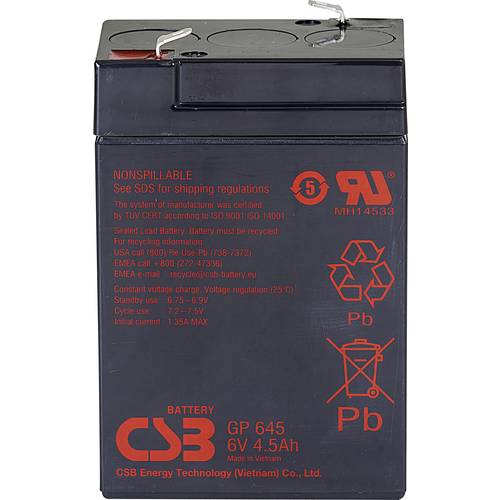 Thumbnail - CSB Battery GP 645 Standby USV GP645F1 Bleiakku 6 V 4.5 Ah Blei-Vlies (AGM) (B x H x T) 70 x 107 x 48 mm Flachstecker 4....