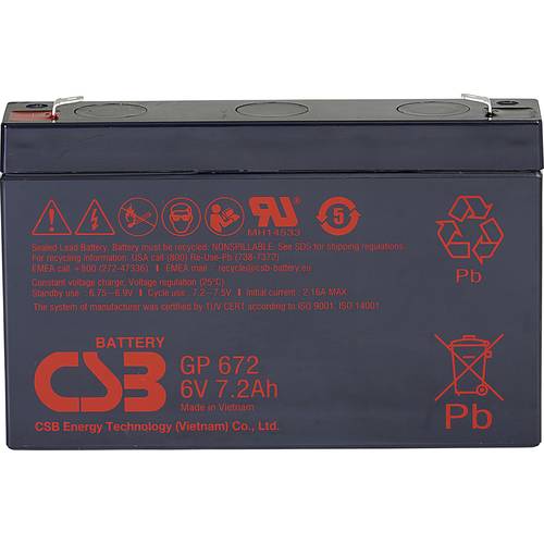 Thumbnail - CSB Battery GP 672 Standby USV GP672F1 Bleiakku 6 V 7.2 Ah Blei-Vlies (AGM) (B x H x T) 151 x 101 x 34 mm Flachstecker 4...