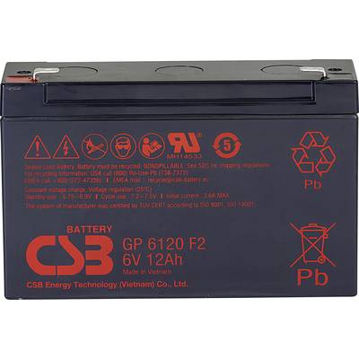 Schwarze Batterie mit roten Markierungen. Modell GP 6120 F2, 6V 12Ah. Hersteller: CSB Energy Technology (Vietnam) Co., Ltd.