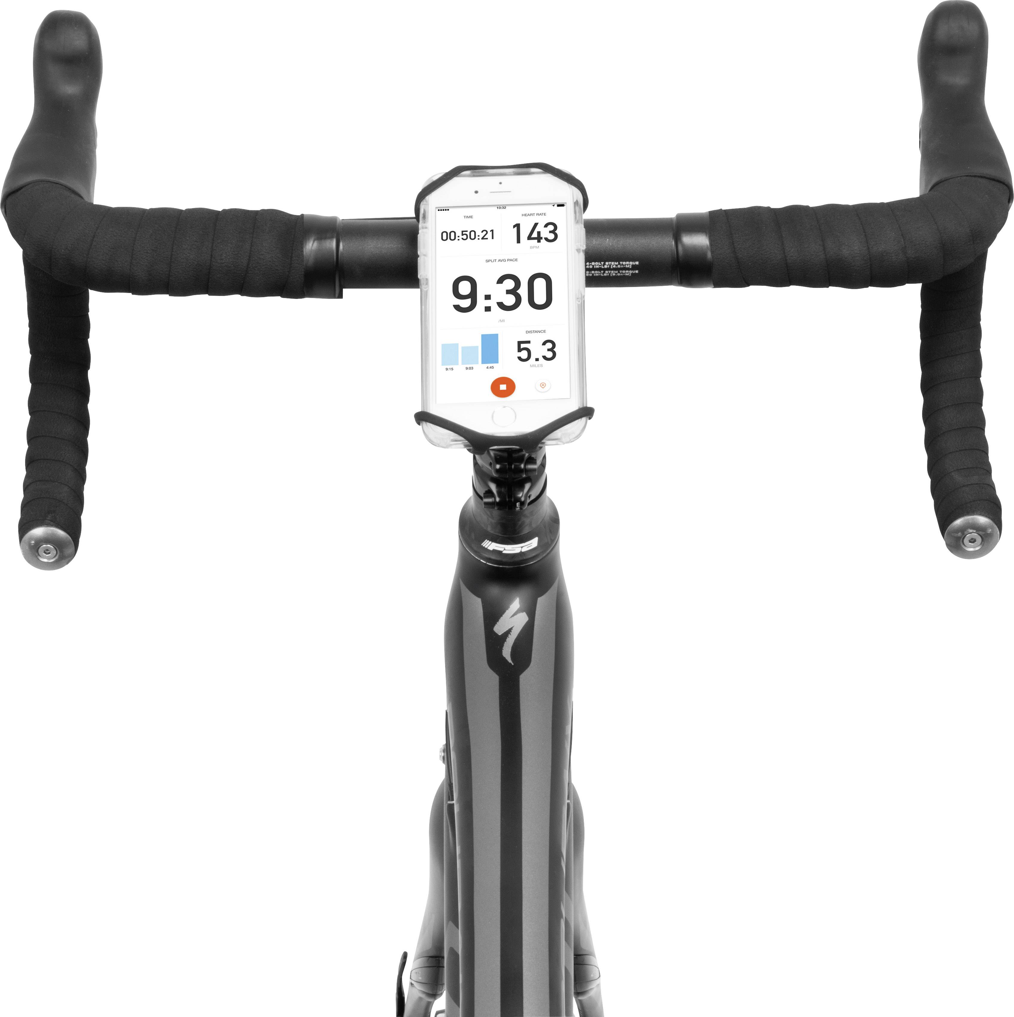 Fahrradlenker mit montiertem Fahrradcomputer, der Geschwindigkeit und Zeit anzeigt.